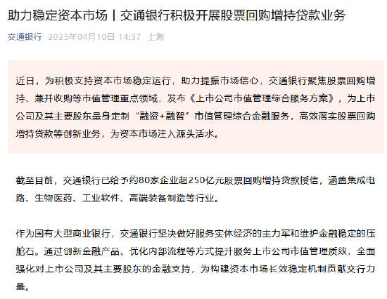 交通银行：已给予约80家企业超250亿元股票回购增持贷款授信