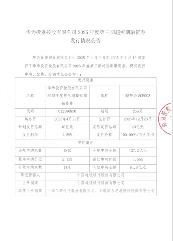 华为一个月连续三次发债：累计融资120亿元