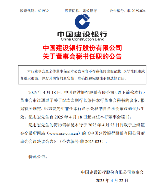 建设银行：纪志宏兼任董事会秘书