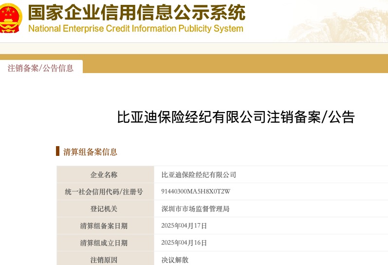 比亚迪保险经纪公司注销 相关人士回应：对保险业务不造成影响